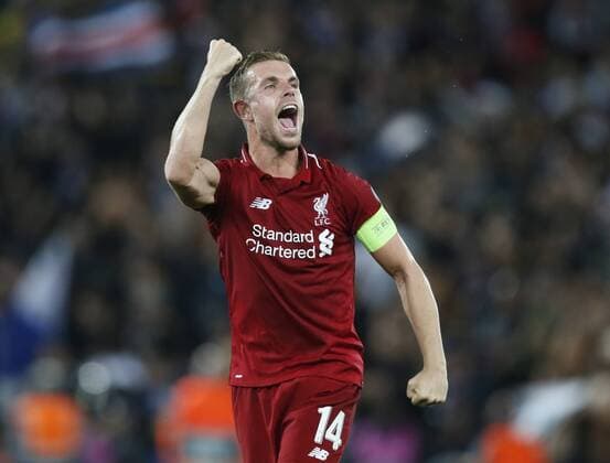 Liverpool midfielder Jordan Henderson celebrates the win during the UEFA Champions League - Group C match at the Anfield Stadium, Liverpool. Picture date 18th September 2018. Picture credit should read: Andrew Yates Sportimage EDITORIAL USE ONLY. No use with unauthorised audio, video, data, fixture lists, club league logos or live services. Online in-match use limited to 120 images, no video emulation. No use in betting, games or single club league player publications.