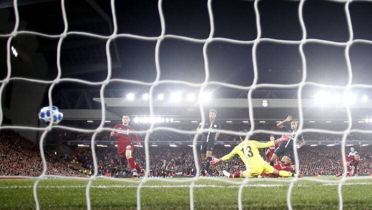 PSG forward Kylian Mbappe scores their second goal during the UEFA Champions League - Group C match at the Anfield Stadium, Liverpool. Picture date 18th September 2018. Picture credit should read: Andrew Yates Sportimage EDITORIAL USE ONLY. No use with unauthorised audio, video, data, fixture lists, club league logos or live services. Online in-match use limited to 120 images, no video emulation. No use in betting, games or single club league player publications.