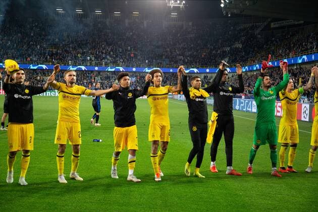 Dortmund s players celebrate after winning a game between Belgian soccer team Club Brugge KV and German club Borussia Dortmund, in Brugge, Tuesday 18 September 2018, day one of the UEFA Champions League, in group A. KURTxDESPLENTER  x05428824x