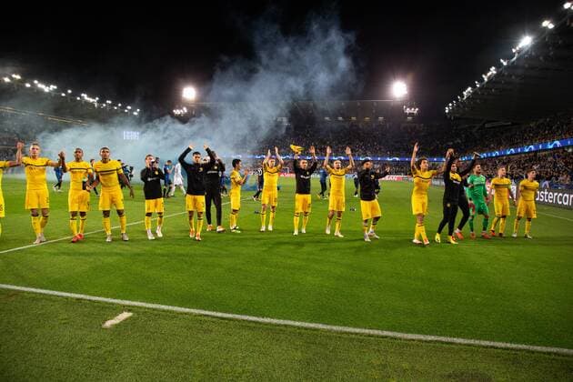 Dortmund s players celebrate after winning a game between Belgian soccer team Club Brugge KV and German club Borussia Dortmund, in Brugge, Tuesday 18 September 2018, day one of the UEFA Champions League, in group A. KURTxDESPLENTER  x05428825x