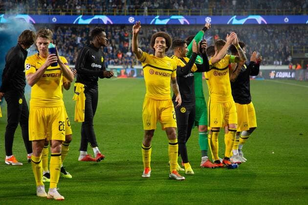 Dortmund s players celebrate after winning a game between Belgian soccer team Club Brugge KV and German club Borussia Dortmund, in Brugge, Tuesday 18 September 2018, day one of the UEFA Champions League, in group A. KURTxDESPLENTER  x05428829x
