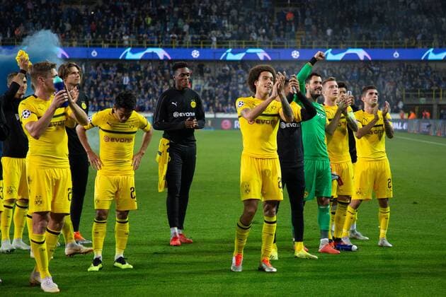 Dortmund s players celebrate after winning a game between Belgian soccer team Club Brugge KV and German club Borussia Dortmund, in Brugge, Tuesday 18 September 2018, day one of the UEFA Champions League, in group A. KURTxDESPLENTER  x05428832x