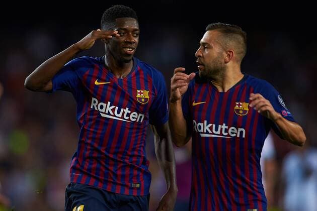 September 18, 2018 - Barcelona, Catalonia, Spain - Ousmane Dembele of FC Barcelona Barca and Jordi Alba of FC Barcelona celebrates after scoring during the UEFA Champions League group B match between FC Barcelona and PSV Eindhoven at Camp Nou on September 18, 2018 in Barcelona, Spain UEFA Champions League FC Barcelona v PSV  - ZUMAn230 20180918_zaa_n230_481 Copyright: xSergioxLopezx
