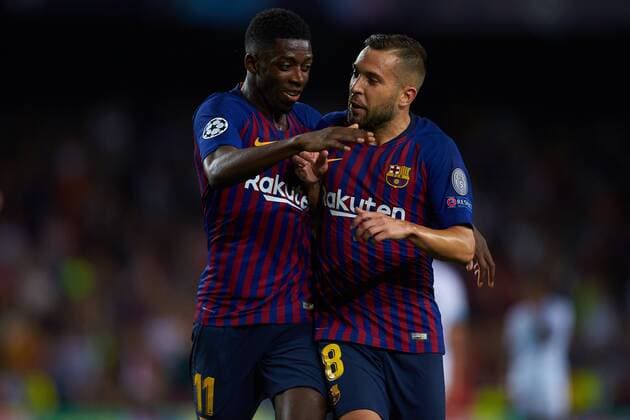 September 18, 2018 - Barcelona, Catalonia, Spain - Ousmane Dembele of FC Barcelona Barca and Jordi Alba of FC Barcelona celebrates after scoring during the UEFA Champions League group B match between FC Barcelona and PSV Eindhoven at Camp Nou on September 18, 2018 in Barcelona, Spain UEFA Champions League FC Barcelona v PSV  - ZUMAn230 20180918_zaa_n230_480 Copyright: xSergioxLopezx