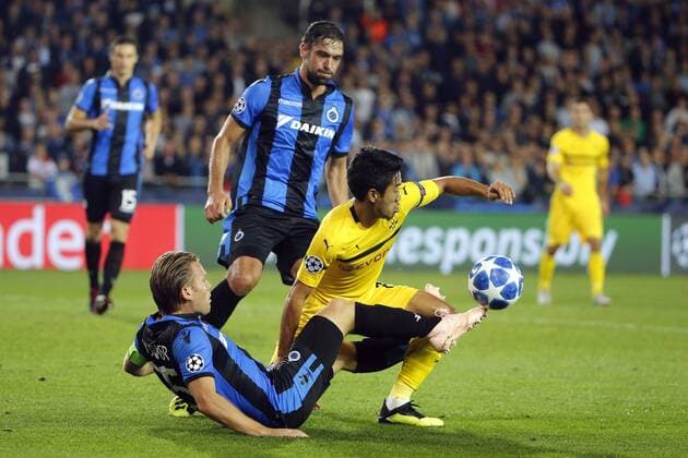 BRUGGE, BELGIUM - SEPTEMBER 18 : Ruud Vormer midfielder of Club Brugge and Shinji Kagawa midfielder of Borussia Dortmund pictured during the UEFA Champions League Group A stage match between Club Brugge and Borussia Dortmund at the Jan Breydel stadium on September 18, 2018 in Brugge, Belgium , 18 09 2018 FOOTBALL : Club Brugge v Borussia Dortmund - UEFA Ligue des champions - 18 09 2018 PHOTONEWS PANORAMIC  775218906