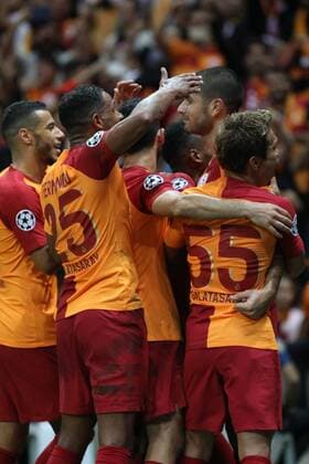 Galatasaray players celebrates for Eren Derdiyok s goal During the Champions league match between Galatasaray and Lokomotiv Moscow at Turk Telekom Stadium in Istanbul , Turkey on September 18 , 2018. 