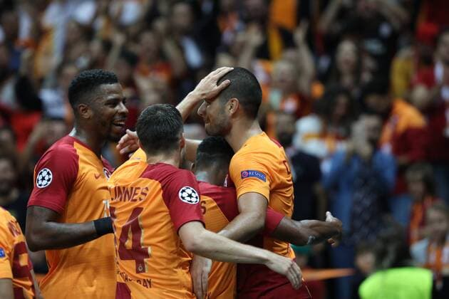 Galatasaray players celebrates for Eren Derdiyok s goal During the Champions league match between Galatasaray and Lokomotiv Moscow at Turk Telekom Stadium in Istanbul , Turkey on September 18 , 2018. 