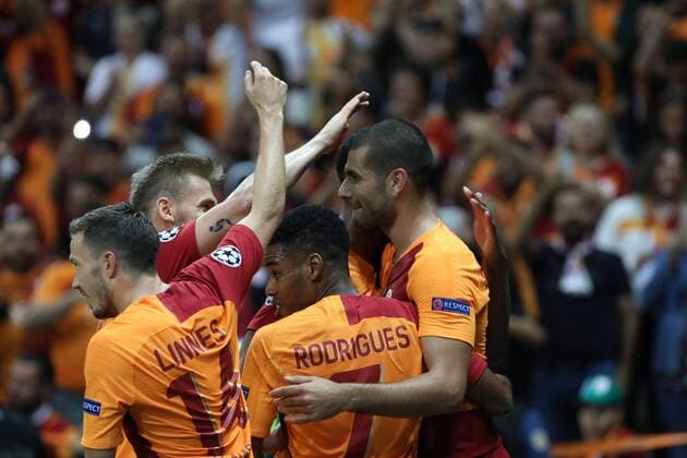 Galatasaray players celebrates for Eren Derdiyok s goal During the Champions league match between Galatasaray and Lokomotiv Moscow at Turk Telekom Stadium in Istanbul , Turkey on September 18 , 2018. 