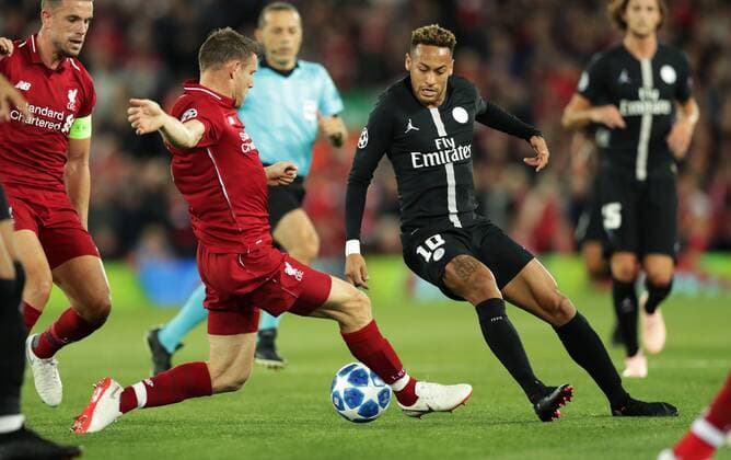 Football - 2018 2019 UEFA Champions League - Group C: Liverpool vs. Paris Saint-Germain James Milner of Liverpool and Neymar of PSG at Anfield. COLORSPORT LYNNE CAMERON 