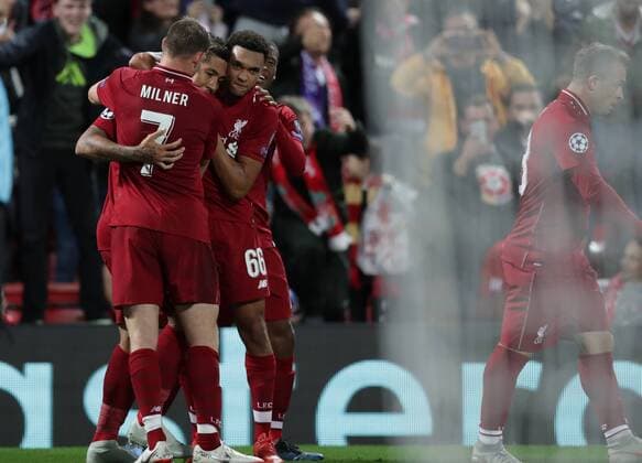 Football - 2018 2019 UEFA Champions League - Group C: Liverpool vs. Paris Saint-Germain Roberto Firmino of Liverpool celebrates the winning goal at Anfield. COLORSPORT LYNNE CAMERON 