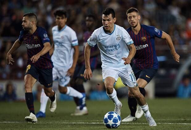 September 18, 2018 - Barcelona, Catalonia, Spain - Hirving Lozano (C) of PSV Eindhoven competes for the ball with Clement Lenglet (R) of FC Barcelona Barca during the UEFA Champions League group B match between FC Barcelona and PSV Eindhoven at Camp Nou on September 18, 2018 in Barcelona, Spain FC Barcelona v PSV - UEFA Champions League Group B  - ZUMAn230 20180918_zaa_n230_434 Copyright: xDavidxAliagax