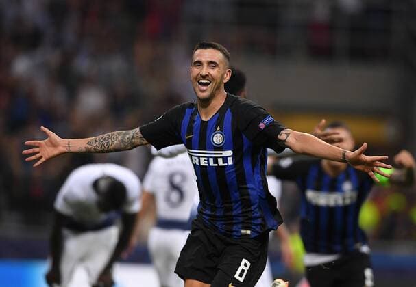 (180919) -- MILAN, Sept. 19, 2018 -- Inter Milan s Matias Vecino celebrates his goal during a UEFA Champions League group B match between FC Inter and Tottenham Hotspur, in Milan, Italy, Sept. 18, 2018. FC Inter won 2-1.) (SP)ITALY-MILAN-UEFA CHAMPIONS LEAGUE-INTER-HOTSPUR AlbertoxLingria 