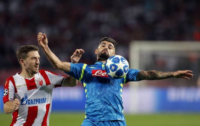 (180919) -- BELGRADE, Sept. 19, 2018 -- Napoli s Elseid Hysaj (R) vies with Crvena Zvezda s Marko Marin during a UEFA Champions League group C match between Crvena Zvezda and Napoli in Belgrade, Serbia, on Sept. 18, 2018. The match ended 0-0. ) (SP)SERBIA-BELGRADE-UEFA CHAMPIONS LEAGUE-CRVENA ZVEZDA-NAPOLI PredragxMilosavljevic 