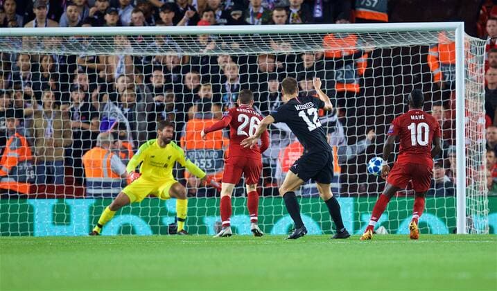 (180919) -- LIVERPOOL, Sept. 19, 2018 -- Liverpool s goalkeeper Alisson Becker (1st L) and Andy Robertson (2nd L) look on as Paris Saint-Germain s Thomas Meunier (2nd R) scores a goal during the UEFA Champions League Group C match between Liverpool and Paris Saint-Germain at Anfield Stadium in Liverpool, Britain on Sept. 18, 2018. Liverpool won 3-2. FOR EDITORIAL USE ONLY. NOT FOR SALE FOR MARKETING OR ADVERTISING CAMPAIGNS. NO USE WITH UNAUTHORIZED AUDIO, VIDEO, DATA, FIXTURE LISTS, CLUB LEAGUE LOGOS OR LIVE SERVICES. ONLINE IN-MATCH USE LIMITED TO 45 IMAGES, NO VIDEO EMULATION. NO USE IN BETTING, GAMES OR SINGLE CLUB LEAGUE PLAYER PUBLICATIONS. (SP)BRITAIN-LIVERPOOL-FOOTBALL-UEFA CHAMPIONS LEAGUE-LIVERPOOL VS PSG HanxYan