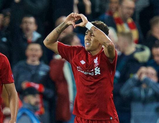 (180919) -- LIVERPOOL, Sept. 19, 2018 -- Liverpool s Roberto Firmino celebrates during the UEFA Champions League Group C match between Liverpool and Paris Saint-Germain at Anfield Stadium in Liverpool, Britain on Sept. 18, 2018. Liverpool won 3-2. FOR EDITORIAL USE ONLY. NOT FOR SALE FOR MARKETING OR ADVERTISING CAMPAIGNS. NO USE WITH UNAUTHORIZED AUDIO, VIDEO, DATA, FIXTURE LISTS, CLUB LEAGUE LOGOS OR LIVE SERVICES. ONLINE IN-MATCH USE LIMITED TO 45 IMAGES, NO VIDEO EMULATION. NO USE IN BETTING, GAMES OR SINGLE CLUB LEAGUE PLAYER PUBLICATIONS. (SP)BRITAIN-LIVERPOOL-FOOTBALL-UEFA CHAMPIONS LEAGUE-LIVERPOOL VS PSG HanxYan