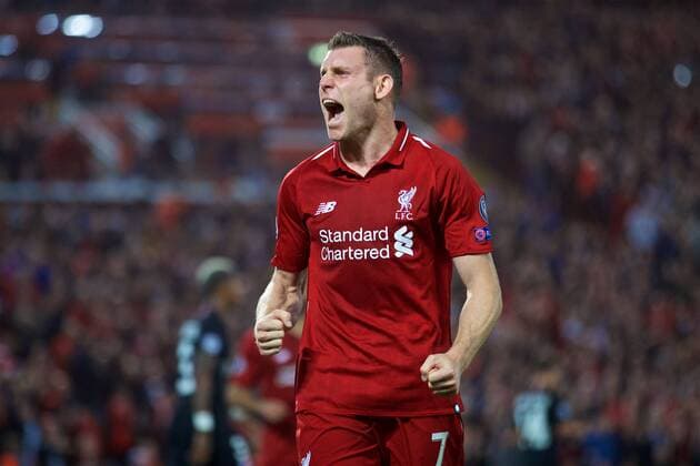 (180919) -- LIVERPOOL, Sept. 19, 2018 -- Liverpool s James Milner celebrates during the UEFA Champions League Group C match between Liverpool and Paris Saint-Germain at Anfield Stadium in Liverpool, Britain on Sept. 18, 2018. Liverpool won 3-2. FOR EDITORIAL USE ONLY. NOT FOR SALE FOR MARKETING OR ADVERTISING CAMPAIGNS. NO USE WITH UNAUTHORIZED AUDIO, VIDEO, DATA, FIXTURE LISTS, CLUB LEAGUE LOGOS OR LIVE SERVICES. ONLINE IN-MATCH USE LIMITED TO 45 IMAGES, NO VIDEO EMULATION. NO USE IN BETTING, GAMES OR SINGLE CLUB LEAGUE PLAYER PUBLICATIONS. (SP)BRITAIN-LIVERPOOL-FOOTBALL-UEFA CHAMPIONS LEAGUE-LIVERPOOL VS PSG HanxYan