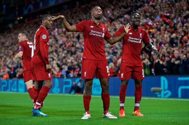(180919) -- LIVERPOOL, Sept. 19, 2018 -- Liverpool s Daniel Sturridge (2nd R) celebrates during the UEFA Champions League Group C match between Liverpool and Paris Saint-Germain at Anfield Stadium in Liverpool, Britain on Sept. 18, 2018. Liverpool won 3-2. FOR EDITORIAL USE ONLY. NOT FOR SALE FOR MARKETING OR ADVERTISING CAMPAIGNS. NO USE WITH UNAUTHORIZED AUDIO, VIDEO, DATA, FIXTURE LISTS, CLUB LEAGUE LOGOS OR LIVE SERVICES. ONLINE IN-MATCH USE LIMITED TO 45 IMAGES, NO VIDEO EMULATION. NO USE IN BETTING, GAMES OR SINGLE CLUB LEAGUE PLAYER PUBLICATIONS. (SP)BRITAIN-LIVERPOOL-FOOTBALL-UEFA CHAMPIONS LEAGUE-LIVERPOOL VS PSG HanxYan