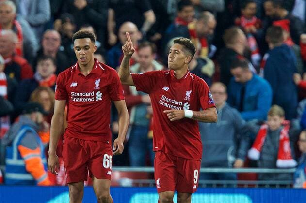 (180919) -- LIVERPOOL, Sept. 19, 2018 --Liverpool s Roberto Firmino (R) celebrates during the UEFA Champions League Group C match between Liverpool and Paris Saint-Germain at Anfield Stadium in Liverpool, Britain on Sept. 18, 2018. Liverpool won 3-2. FOR EDITORIAL USE ONLY. NOT FOR SALE FOR MARKETING OR ADVERTISING CAMPAIGNS. NO USE WITH UNAUTHORIZED AUDIO, VIDEO, DATA, FIXTURE LISTS, CLUB LEAGUE LOGOS OR LIVE SERVICES. ONLINE IN-MATCH USE LIMITED TO 45 IMAGES, NO VIDEO EMULATION. NO USE IN BETTING, GAMES OR SINGLE CLUB LEAGUE PLAYER PUBLICATIONS. (SP)BRITAIN-LIVERPOOL-FOOTBALL-UEFA CHAMPIONS LEAGUE-LIVERPOOL VS PSG HanxYan