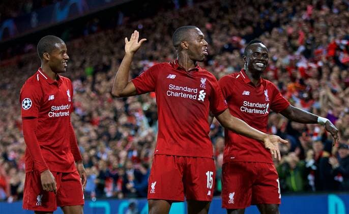 (180919) -- LIVERPOOL, Sept. 19, 2018 -- Liverpool s Daniel Sturridge (C) celebrates during the UEFA Champions League Group C match between Liverpool and Paris Saint-Germain at Anfield Stadium in Liverpool, Britain on Sept. 18, 2018. Liverpool won 3-2. FOR EDITORIAL USE ONLY. NOT FOR SALE FOR MARKETING OR ADVERTISING CAMPAIGNS. NO USE WITH UNAUTHORIZED AUDIO, VIDEO, DATA, FIXTURE LISTS, CLUB LEAGUE LOGOS OR LIVE SERVICES. ONLINE IN-MATCH USE LIMITED TO 45 IMAGES, NO VIDEO EMULATION. NO USE IN BETTING, GAMES OR SINGLE CLUB LEAGUE PLAYER PUBLICATIONS. (SP)BRITAIN-LIVERPOOL-FOOTBALL-UEFA CHAMPIONS LEAGUE-LIVERPOOL VS PSG HanxYan