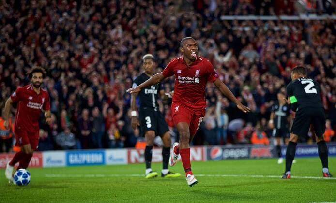 (180919) -- LIVERPOOL, Sept. 19, 2018 -- Liverpool s Daniel Sturridge (2nd R) celebrates during the UEFA Champions League Group C match between Liverpool and Paris Saint-Germain at Anfield Stadium in Liverpool, Britain on Sept. 18, 2018. Liverpool won 3-2. FOR EDITORIAL USE ONLY. NOT FOR SALE FOR MARKETING OR ADVERTISING CAMPAIGNS. NO USE WITH UNAUTHORIZED AUDIO, VIDEO, DATA, FIXTURE LISTS, CLUB LEAGUE LOGOS OR LIVE SERVICES. ONLINE IN-MATCH USE LIMITED TO 45 IMAGES, NO VIDEO EMULATION. NO USE IN BETTING, GAMES OR SINGLE CLUB LEAGUE PLAYER PUBLICATIONS. (SP)BRITAIN-LIVERPOOL-FOOTBALL-UEFA CHAMPIONS LEAGUE-LIVERPOOL VS PSG HanxYan