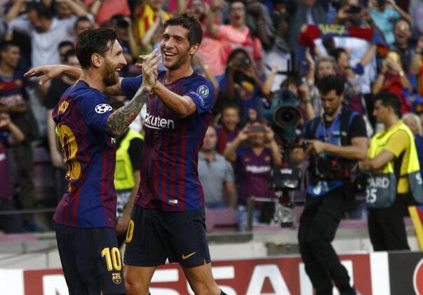 Partido de la Champions League disputado entre Barcelona y PSV. En la imagen, Messi celebra un gol con Sergi Roberto.Champions League match. Barcelona vs PSV. In this picture, Messi celebrates a goal with Sergi Roberto. 