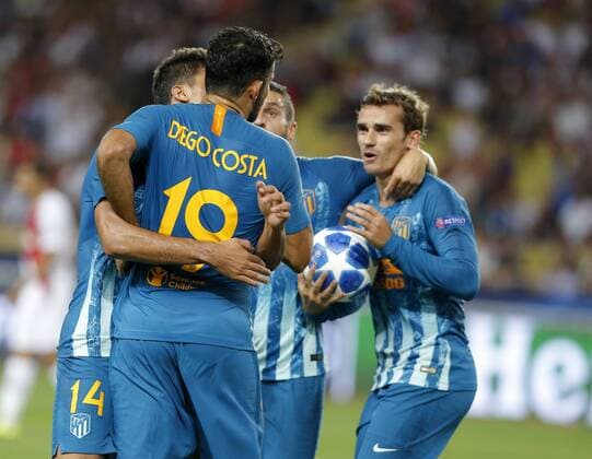 Partido de la Liga de Campeones entre el Monaco y el Atletico. En la imagen, celebracion de Diego Costa tras marcar. Champions League match between Monaco and Atletico. In this picture, Diego Costa celebrates after scoring. 