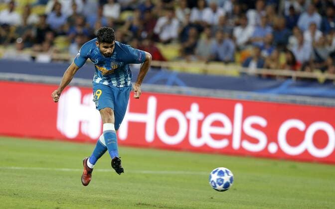 Partido de la Liga de Campeones entre el Monaco y el Atletico. En la imagen, celebracion de Diego Costa tras marcar. Champions League match between Monaco and Atletico. In this picture, Diego Costa celebrates after scoring. 