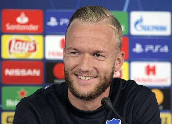 Midfielder Kevin Vogt of TSG 1899 Hoffenheim attends a pre-match news conference ahead of the UEFA Champions League Group F fixture against FC Shakhtar Donetsk, Kharkiv, northeastern Ukraine, September 18, 2018. The encounter is scheduled to take place at Kharkiv?s Metalist Stadium on September 19. Ukrinform. Pre-match news conference of Shakhtar, Hoffenheim in Kharkiv  Copyright: xVyacheslavxMadiyevskyyx
