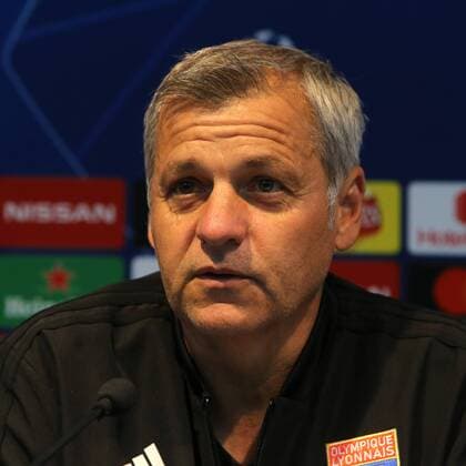 Olympique Lyonnais Presser Bruno Genesio, coach, of Olympique Lyonnais pictured during a press conference PK Pressekonferenz at the Etihad Stadium, Manchester Content Not Available For UK Newspapers Copyright: xStevexMcCormickx FIL-12291-0012