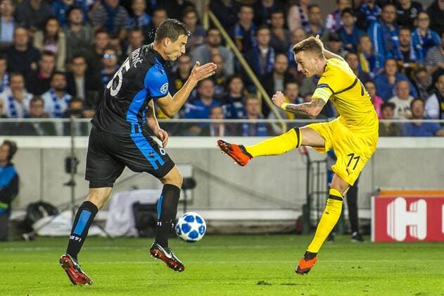 Football Champions League Season 2018 2019 Group stage 1 Gameday Club Bruges Borussia Dortmund on 18 09 2018 in Jan Breydel Stadium in Bruges Belgium Dortmunds Marco Reus shoots for goal DFL REGULATIONS PROHIBIT ANY USE OF PHOTOGRAPH AS IMAGE SEQUENCES AND OR QUASI VIDEO Copyright: xKirchner DavidxInderliedx