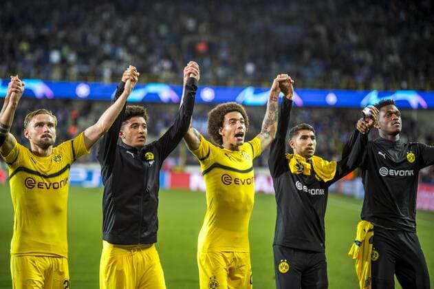 Football Champions League Season 2018 2019 Group Stage 1 Gameday Club Bruges Borussia Dortmund on 18 09 2018 at Jan Breydel Stadium in Bruges Belgium v u200b u200bli Dortmunds Marcel Schmelzer Dortmunds Jadon Sancho Dortmunds Axel Witsel Dortmunds Achraf Hakimi and Dortmunds Dan Axel Zagadou say farewell to the fans DFL REGULATIONS PROHIBIT ANY USE OF PHOTOGRAPH AS IMAGE SEQUENCES AND OR QUASI VIDEO Copyright: xKirchner DavidxInderliedx