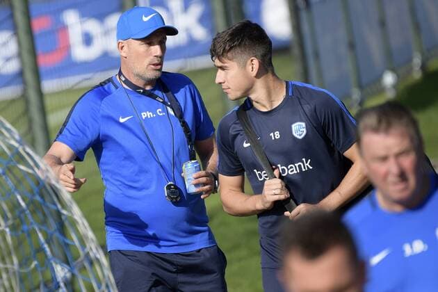 Genk s head coach Philippe Clement and Genk s Ruslan Malinovski pictured before a training session of Belgian soccer team KRC Genk, Wednesday 19 September 2018 in Genk. Tomorrow KRC Genk will meet Swedish club Malmo FF on day one of the UEFA Europa League group stage. YORICKxJANSENS  x05429094x