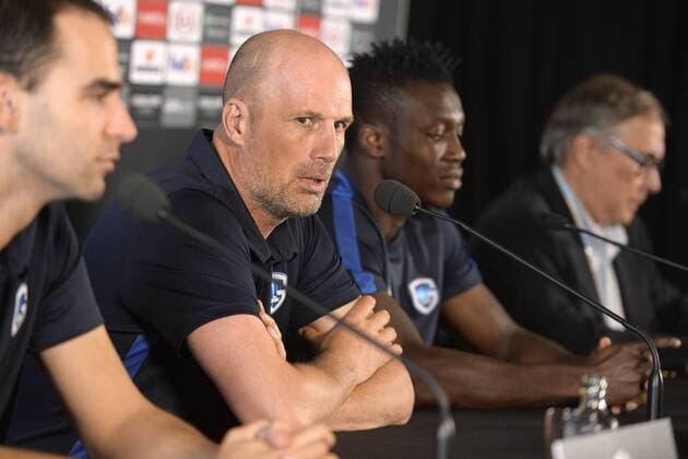 Genk s press officer Willem Boogaerts, Genk s head coach Philippe Clement and Genk s Joseph Aidoo pictured during a press conference PK Pressekonferenz of Belgian soccer team KRC Genk, Wednesday 19 September 2018 in Genk. Tomorrow KRC Genk will meet Swedish club Malmo FF on day one of the UEFA Europa League group stage. YORICKxJANSENS  x05429213x
