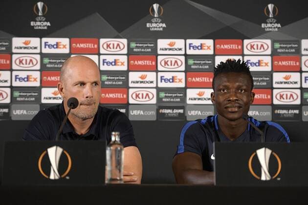Genk s head coach Philippe Clement and Genk s Joseph Aidoo pictured during a press conference PK Pressekonferenz of Belgian soccer team KRC Genk, Wednesday 19 September 2018 in Genk. Tomorrow KRC Genk will meet Swedish club Malmo FF on day one of the UEFA Europa League group stage. YORICKxJANSENS  x05429209x