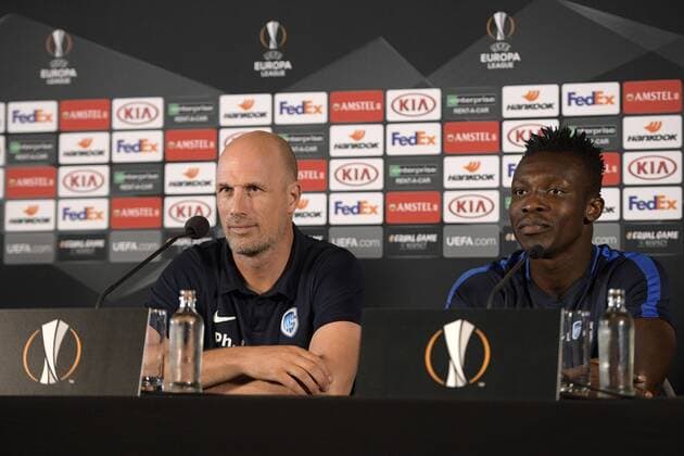 Genk s head coach Philippe Clement and Genk s Joseph Aidoo pictured during a press conference PK Pressekonferenz of Belgian soccer team KRC Genk, Wednesday 19 September 2018 in Genk. Tomorrow KRC Genk will meet Swedish club Malmo FF on day one of the UEFA Europa League group stage. YORICKxJANSENS  x05429225x