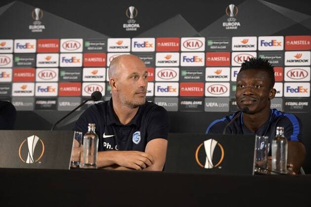 Genk s head coach Philippe Clement and Genk s Joseph Aidoo pictured during a press conference PK Pressekonferenz of Belgian soccer team KRC Genk, Wednesday 19 September 2018 in Genk. Tomorrow KRC Genk will meet Swedish club Malmo FF on day one of the UEFA Europa League group stage. YORICKxJANSENS  x05429227x
