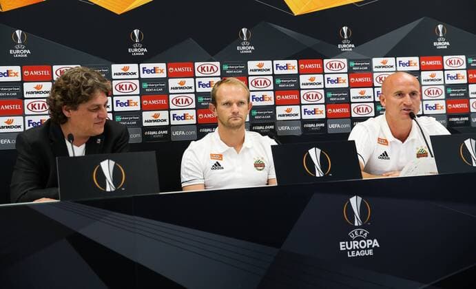 SOCCER - EL, Rapid vs Spartak VIENNA,AUSTRIA,19.SEP.18 - SOCCER - UEFA Europa League, group stage, SK Rapid Wien vs Spartak Moscow, preview, press conference PK Pressekonferenz Rapid. Image shows director of communications Peter Klinglmueller (Rapid), Mario Sonnleitner (Rapid) and head coach Goran Djuricin (Rapid). GEPAxpictures xPhilippxBrem