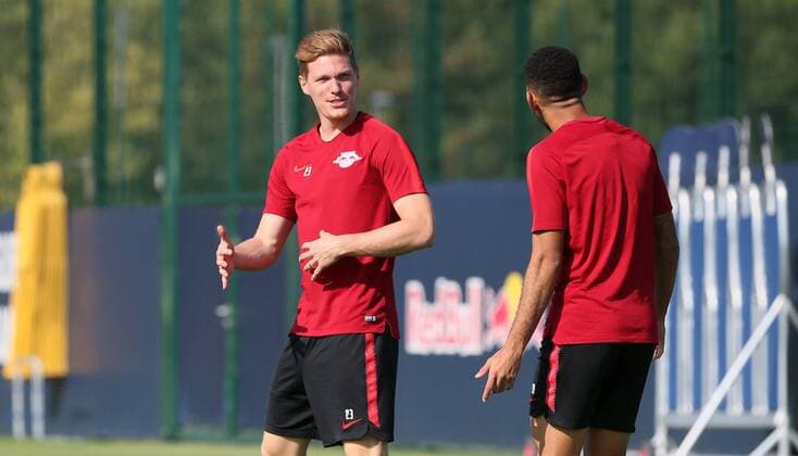 RB Leipzig Training Football Leipzig 19 09 2018 Red Bull Academy Football Rasenballsport Leipzig RB Leipzig Training before the Euroleague game against FC Salzburg Pictured Marcel Halstenberg and Matheus Cunha