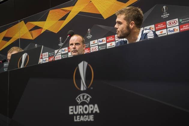 180919 Geir Bakke head coach of Sarpsborg 08 and Joachim Thomassen or Sarpsborg 08 during a press conference ahead of the Europe league match between Besiktas and Sarpsborg 08 on September 19, 2018 in Istanbul Photo Fredrik Varfjell BILDBYRAN Code FV 150141  Copyright: FREDRIKxVARFJELL BB180919FV046