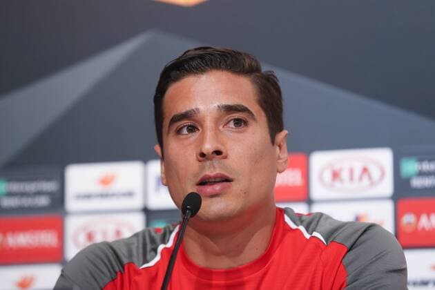 Standard s Guillermo Ochoa pictured during a press conference PK Pressekonferenz of Belgian soccer team Standard de Liege, Wednesday 19 September 2018 in Sevilla, Spain. Tomorrow Standard will meet Spanish club Sevilla FC on day one of the UEFA Europa League group stage. BRUNOxFAHY  x05429463x