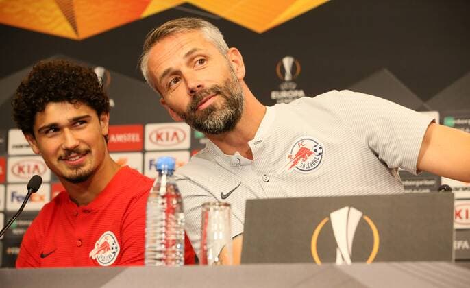 FC Salzburg Press Conference Football Euroleague Leipzig 19 09 2018 Red Bull Arena Football FC Salzburg Press conference before the Euroleague match at RB Leipzig Pictured AndrŽ Ramalho 15 Salzburg and coach Marco Rose