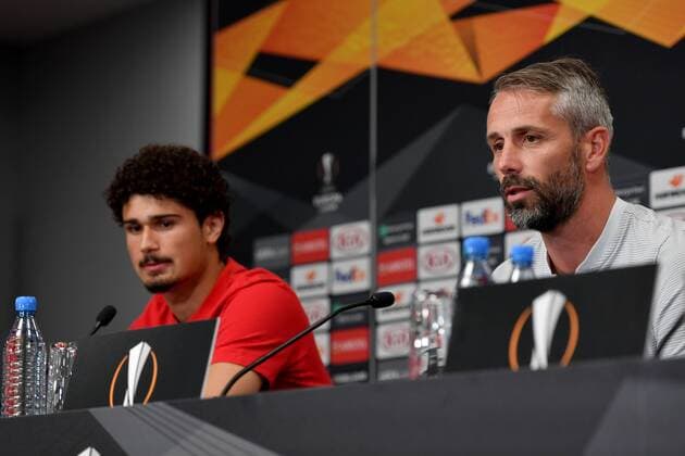 SOCCER - EL, RB Leipzig vs RBS LEIPZIG,GERMANY,19.SEP.18 - SOCCER - UEFA Europa League, group stage, RasenBallsport Leipzig vs Red Bull Salzburg, preview, press conference PK Pressekonferenz of RBS. Image shows Andre Ramalho and head coach Marco Rose (RBS). GEPAxpictures xFlorianxErtl