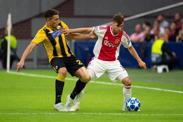 Amsterdam Netherlands 19 09 2018 UEFA Champions League 2018 19 Season Preliminary Group Stage Group E 1 Gameday Ajax Amsterdam AEK Athens Ezequiel Ponce AEK Athens and Nicolas Tagliafico Ajax Amsterdam in DeFodi001