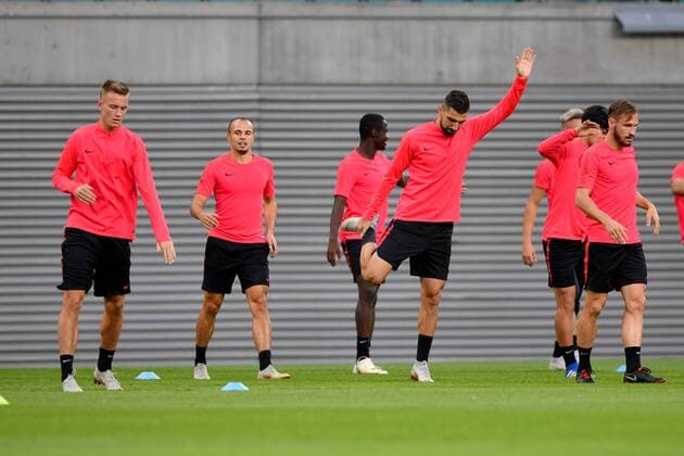 SOCCER - EL, RB Leipzig vs RBS LEIPZIG,GERMANY,19.SEP.18 - SOCCER - UEFA Europa League, group stage, RasenBallsport Leipzig vs Red Bull Salzburg, preview, training of RBS. Image shows Jasper van der Werff, Darko Todorovic, Munas Dabbur and Andreas Ulmer (RBS). GEPAxpictures xFlorianxErtl