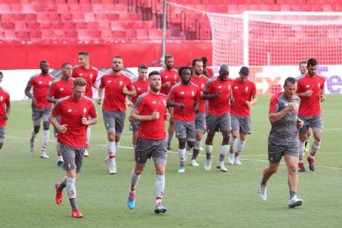 Standard s players pictured during a training session of Belgian soccer team Standard de Liege, Wednesday 19 September 2018 in Sevilla, Spain. Tomorrow Standard will meet Spanish club Sevilla FC on day one of the UEFA Europa League group stage. BRUNOxFAHY  x05429559x