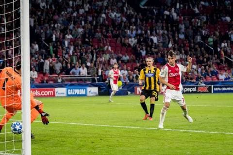 goal 1-0 Nico Tagliafico of Ajax during the UEFA Champions League group E match between Ajax Amsterdam and AEK FC at the Johan Cruijff Arena on September 19, 2018 in Amsterdam, The Netherlands UEFA Champions League 2018 2019 xVIxVIxImagesx xRonaldxBonestrooxIVx 12172741