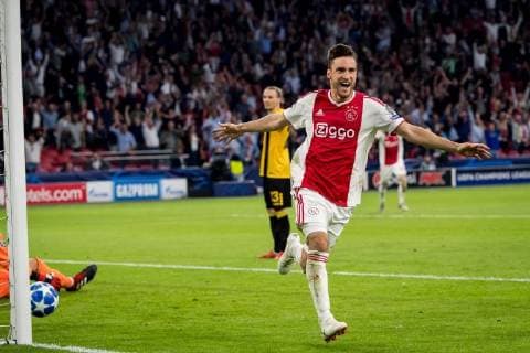 goal 1-0 Nico Tagliafico of Ajax during the UEFA Champions League group E match between Ajax Amsterdam and AEK FC at the Johan Cruijff Arena on September 19, 2018 in Amsterdam, The Netherlands UEFA Champions League 2018 2019 xVIxVIxImagesx xRonaldxBonestrooxIVx 12172743