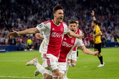 goal 1-0 Nico Tagliafico of Ajax during the UEFA Champions League group E match between Ajax Amsterdam and AEK FC at the Johan Cruijff Arena on September 19, 2018 in Amsterdam, The Netherlands UEFA Champions League 2018 2019 xVIxVIxImagesx xRonaldxBonestrooxIVx 12172744
