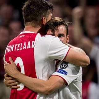 (L-R) Klaas Jan Huntelaar of Ajax, Nico Tagliafico of Ajax 1-0 during the UEFA Champions League group E match between Ajax Amsterdam and AEK FC at the Johan Cruijff Arena on September 19, 2018 in Amsterdam, The Netherlands UEFA Champions League 2018 2019 xVIxVIxImagesx xRonaldxBonestrooxIVx 12172810
