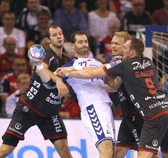 Photo Holger Glandorf Flensburg and Anders Zachariassen against Damir Bicanic white Handball men 1 Bundesliga on Wed 19 09 2018 Flensburg HC Zagreb